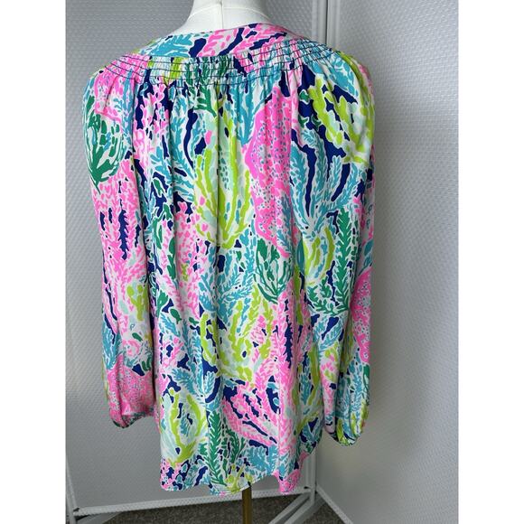 New Lilly Pulitzer Silk Elsa Multicolor Silk Floral Button Blouse Top XL - Picture 8 of 11